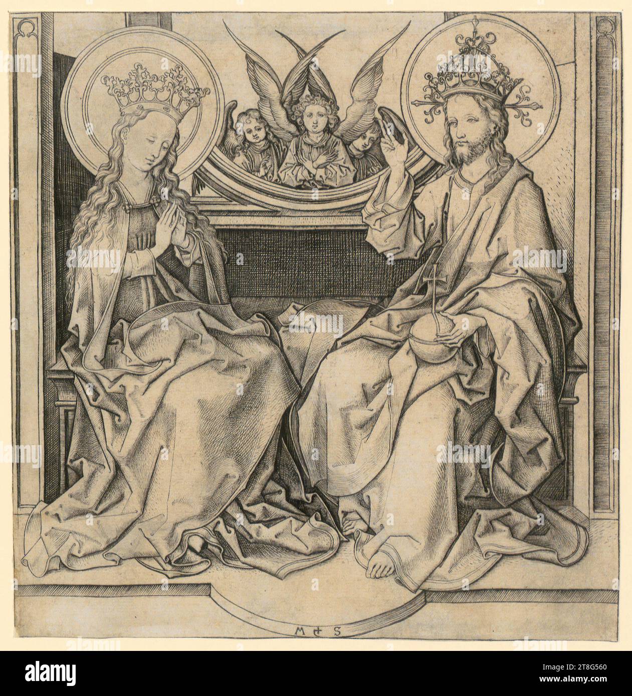 Martin Schongauer (1450 UM - 1491), artiste, Bénédiction de Marie, origine du support d'impression : 1470 - 1480, gravure sur cuivre, taille de la feuille : 15,8 x 15,2 cm, fond central monogrammé 'M + S. Banque D'Images