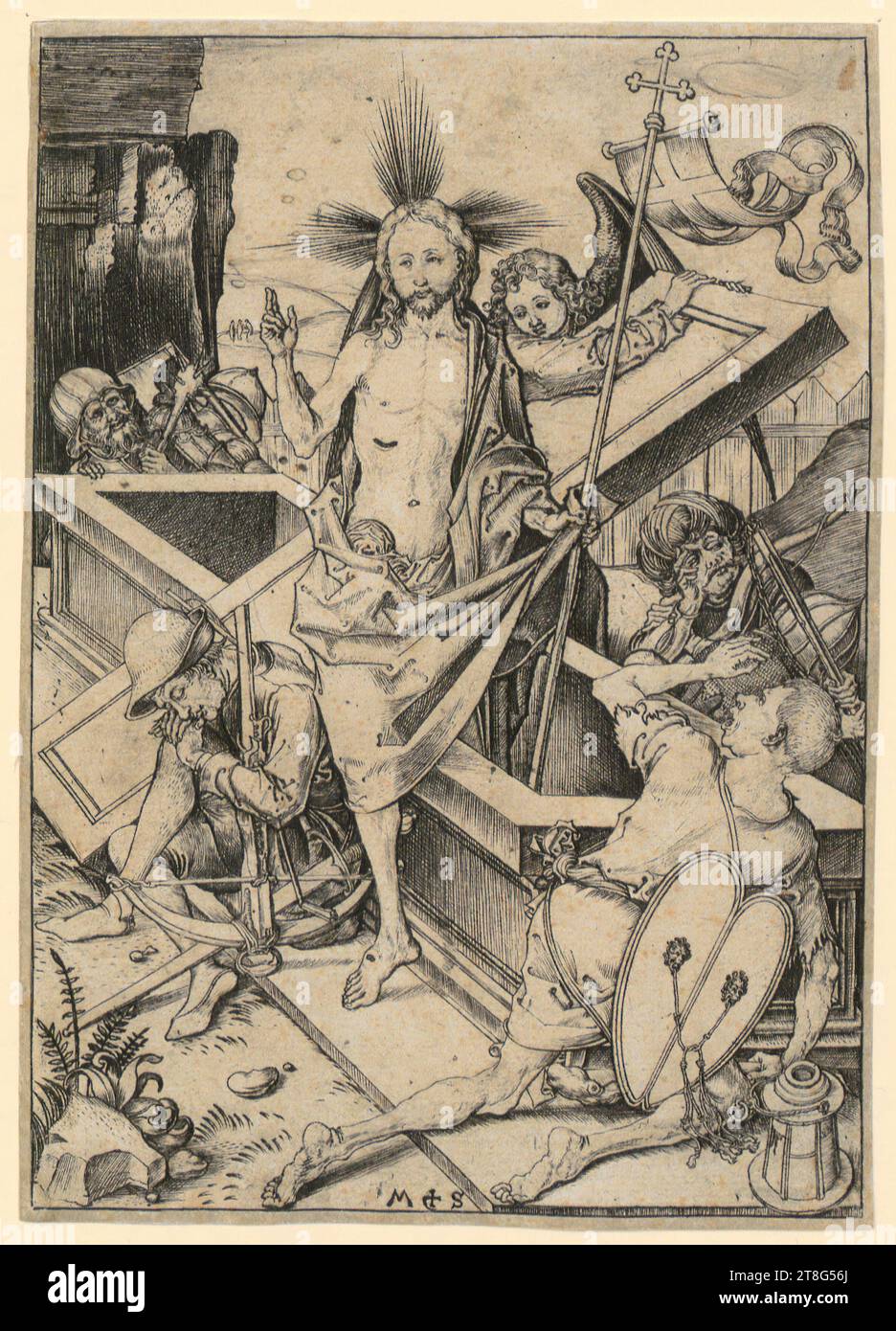 Martin Schongauer (1450 UM - 1491), artiste, Résurrection du Christ, support d'impression : 1470 - 1482, gravure sur cuivre, dimensions de la feuille : 16,7 x 11,9 cm, fond central monogrammé 'M + S. Banque D'Images