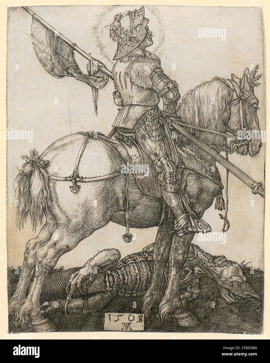 Albrecht Dürer (1471 - 1528), artiste, Saint Sébastien sur un arbre, Albrecht Dürer (1471 - 1528), artiste, Saint Georges à cheval, support d'impression : 1508, gravure sur cuivre, dimensions de la feuille : 10,7 x 8,4 cm, daté et monogrammé '1508, AD' corrigé de '1505 Banque D'Images