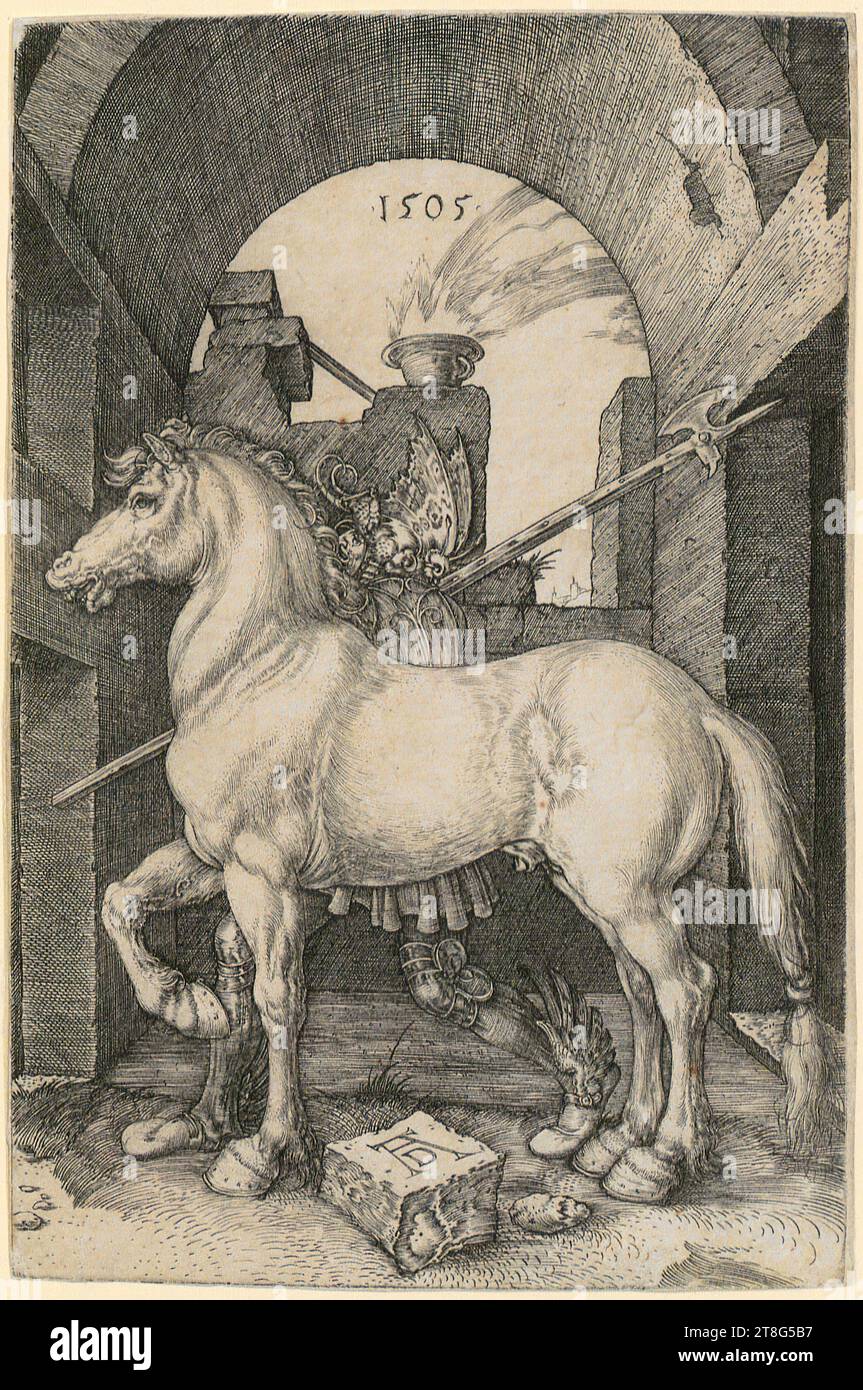 Albrecht Dürer (1471 - 1528), artiste, petit cheval, origine du support d'impression : 1505, gravure sur cuivre, taille de la feuille : 16,0 x 10,6 cm, centre supérieur daté '1505' et centre inférieur monogrammé sur pierre 'AD Banque D'Images