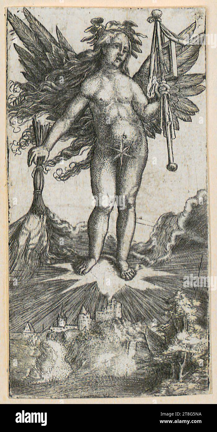 Albrecht Altdorfer (1480 c. - 1538), artiste, petit porte-drapeau, Albrecht Altdorfer (1480 c. - 1538), artiste, figure féminine allégorique, support d'impression : c. 1515 - 1518, gravure sur cuivre, taille de la feuille : 9,5 x 5,0 cm, en haut à droite sur plaque monogrammé 'AA Banque D'Images