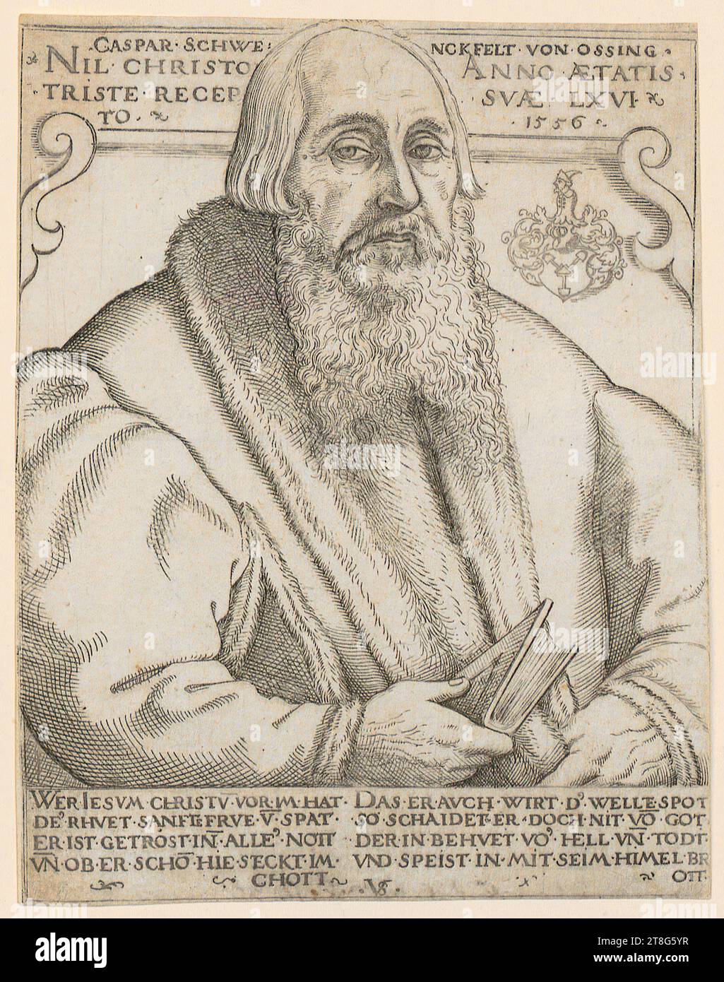Anton Woensam (1500 avant - vers 1541), artiste Johann Quentel (1546 - 1551 actif), imprimeur, éditeur, Dionysius le Chartreux présente son livre à Marie et à l'enfant Jésus, Virgil Solis (1514 - 1562), portrait de Caspar Schwenckfelt von Ossing, origine du support d'impression : 1556, gravure, taille de la feuille : 14. 1 x 10,9 cm, inscription sur le dessus 'CASPAR SCHWE NCKFELT VON OSSING, NIL CHRISTO, TRISTE RECEP, TO, ANNO AETATIS, S Banque D'Images