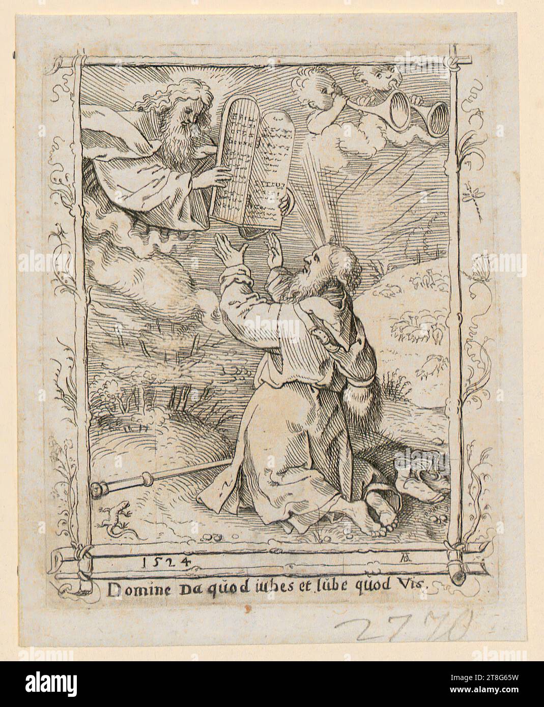 Lorenz Strauch (1554 UM - 1630)Albrecht Dürer (1471 - 1528), après, Moïse reçoit les tablettes de la loi, origine de l'impression : c. 1580 - 1620, gravure, taille de la feuille : 12,0 x 9,5 cm, en bas à gauche daté '1524', en bas à droite monogrammé 'AD' et en bas inscrit 'domine Da quod iub Banque D'Images