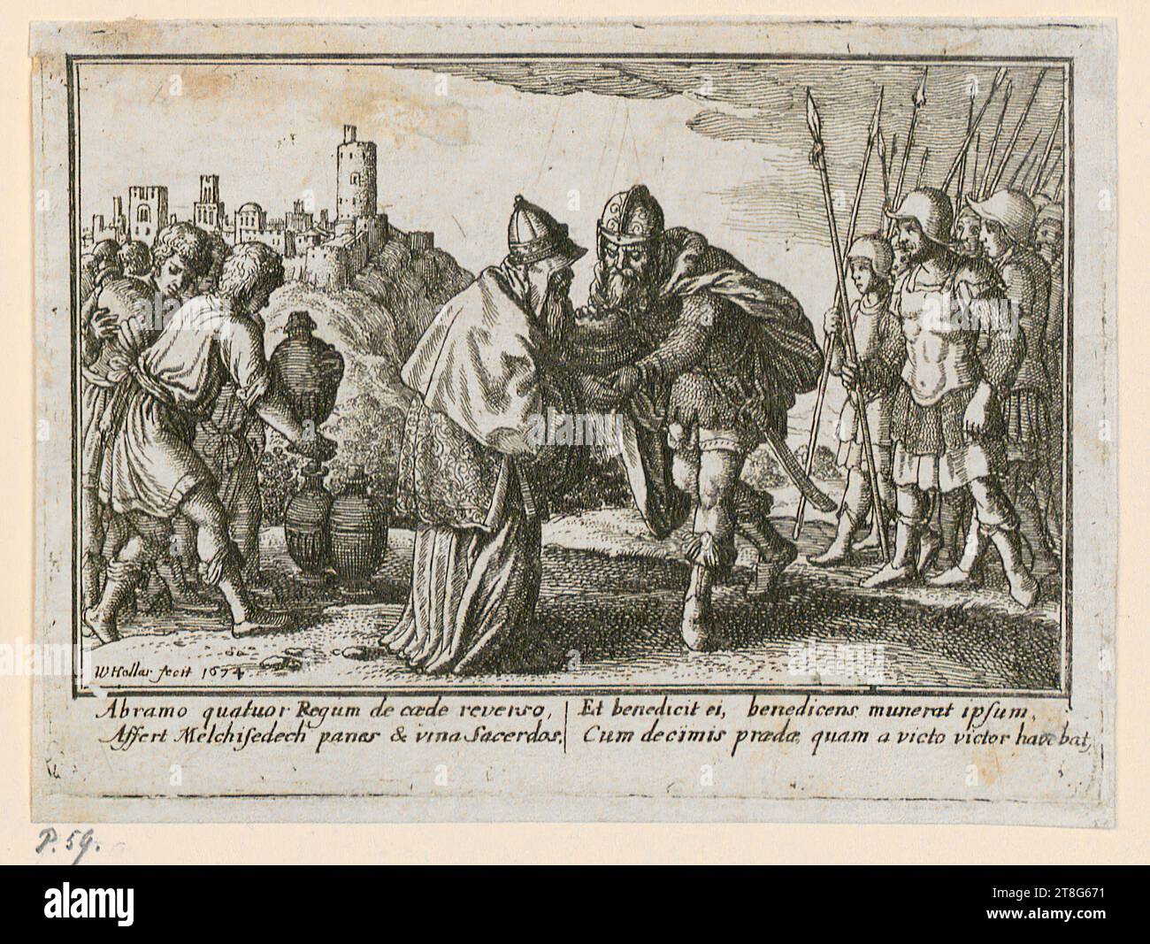 Wenzel Hollar (1607 - 1677)Tobias Stimmer (1539 - 1584), après, rencontre d'Abraham avec le prêtre-roi Melchizédek de Salem, feuille 1 de la série 'scènes de l'ancien et du Nouveau Testament', origine de l'impression : 1674, gravure, taille de la feuille: 8,8 x 11,9 cm, signée et datée en bas à gauche 'WHollar fecit 1674', inscrite en dessous de 'Abramo quator Regum Banque D'Images