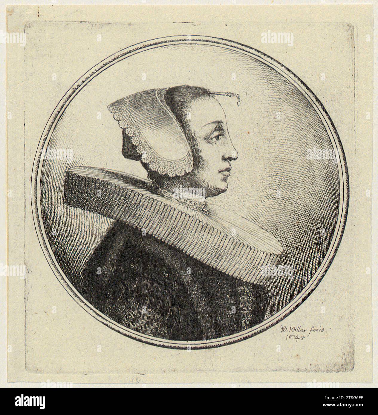 Wenceslas Hollar (1607 - 1677), Portrait d'une femme avec ruche, capuche et épingle à cheveux, de profil à droite, feuille 5 de l'ensemble 'peintures à la tête féminine à cadre rond (période Anvers)', support d'impression : 1645, gravure, taille de feuille : 11,1 x 10,8 cm, signée et datée en bas à droite 'W : Hollar fecit., 1645 Banque D'Images