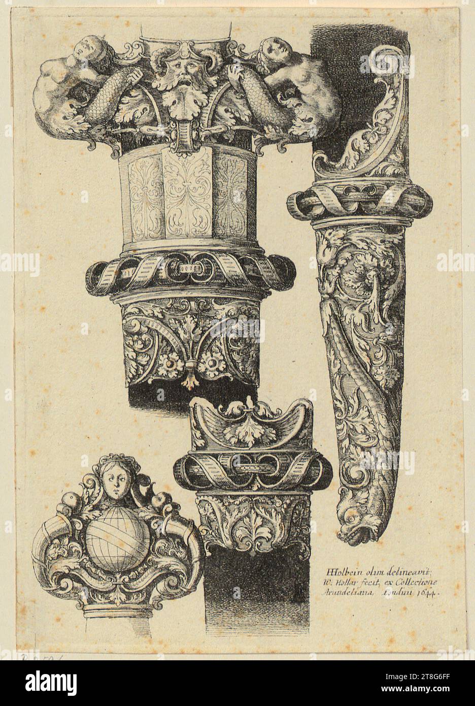 Agostino Carracci (1557 - 1602)Francesco Vanni (1567 UM - 1610), d'après Matteo Florimi (1540 UM - UM 1613), éditeur, Saint Jérôme, Wenceslas Hollar (1607 - 1677)Hans Holbein (le Jeune) (1497 - 1543), après, poignards et poignards avec ornements de feuillage, origine du support d'impression : 1644, gravure, taille de la feuille : 15. 9 x 11,0 cm, en bas à droite inscrit, signé et daté 'HHolbein olim definavit, W : Hollar fecit, ex Collec Banque D'Images