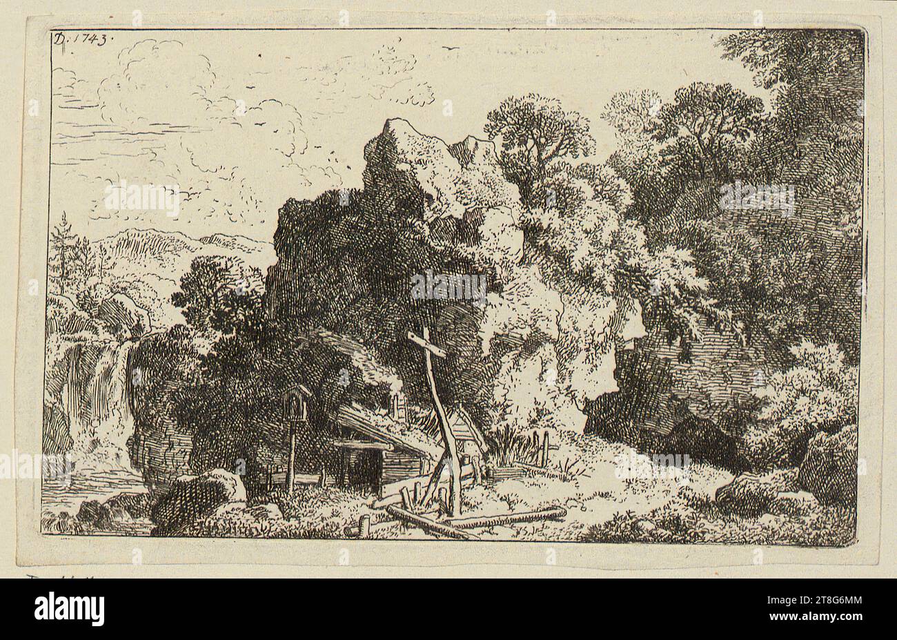 Antoni Waterloo (1609 UM - 1690), artiste, Kahlen Felsen, Christian Wilhelm Ernst Dietrich (1712 - 1774), ermitage parmi les rochers, support d'impression : 1743, gravure, taille de la feuille : 9,4 x 14,6 cm (feuille irrégulièrement découpée)' Field3 signé et daté en haut à gauche 'D. 1743 Banque D'Images