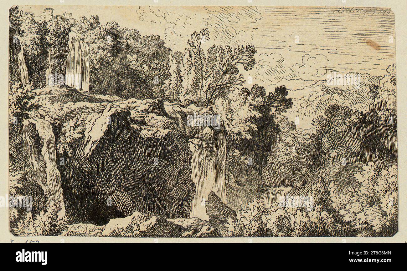 Christian Wilhelm Ernst Dietrich (1712 - 1774), Petites chutes d'eau près de Tivoli, date d'impression : 1744, gravure, taille de la feuille : 8,7 x 14,5 cm (feuille découpée tout autour, coins arrondis)' Champ3 signé et daté en haut à droite 'Dietricÿ 1744 Banque D'Images