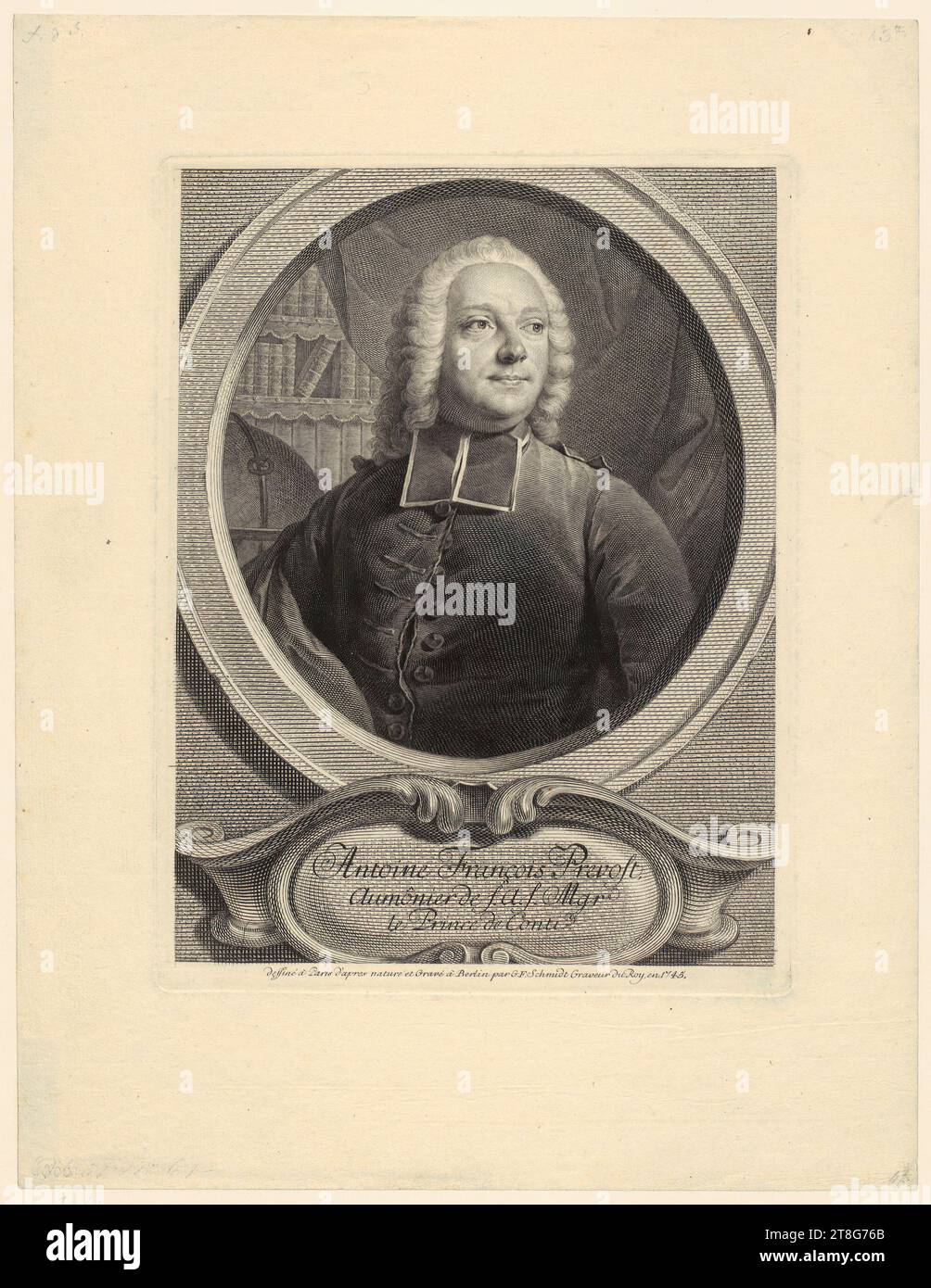 Georg Friedrich Schmidt (1712 - 1775), Portrait d'Antoine François Prévost d'Exiles, support d'impression : 1745, gravure sur cuivre et gravure, dimensions de la feuille : 32,2 x 24,5 cm Platemark : 22,8 x 17,3 cm, en bas au centre inscrit sur cartouche 'Antoine François Prevost, Aumônier de S. A. S. Mgr, le Prin, verso en bas à gauche Banque D'Images