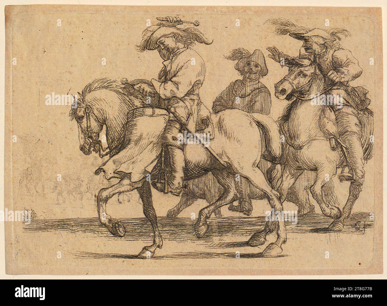 Tobias Querfurt (l'ancien) (mort en 1730), Riding Timpanogos, derrière lui deux autres cavaliers, date d'impression : 1690 - 1710 vers 1700, gravure, taille de la feuille : 10,4 x 14,6 cm, monogramme en bas à droite 'QT ? f', verso inscrit en plume et noir 'S. Seltene Radirung des Tob. : Querfurt s., J. A. Boerner p kmix' (cf. L.269-270) Johann Andreas Boerner Banque D'Images