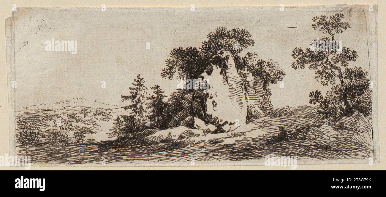 Johann Wolfgang von Goethe (1749 - 1832), Paysage avec rocher erratique, support d'impression : 1754 - 1832, gravure, dimensions de la feuille : 6,4 x 14,7 cm Banque D'Images