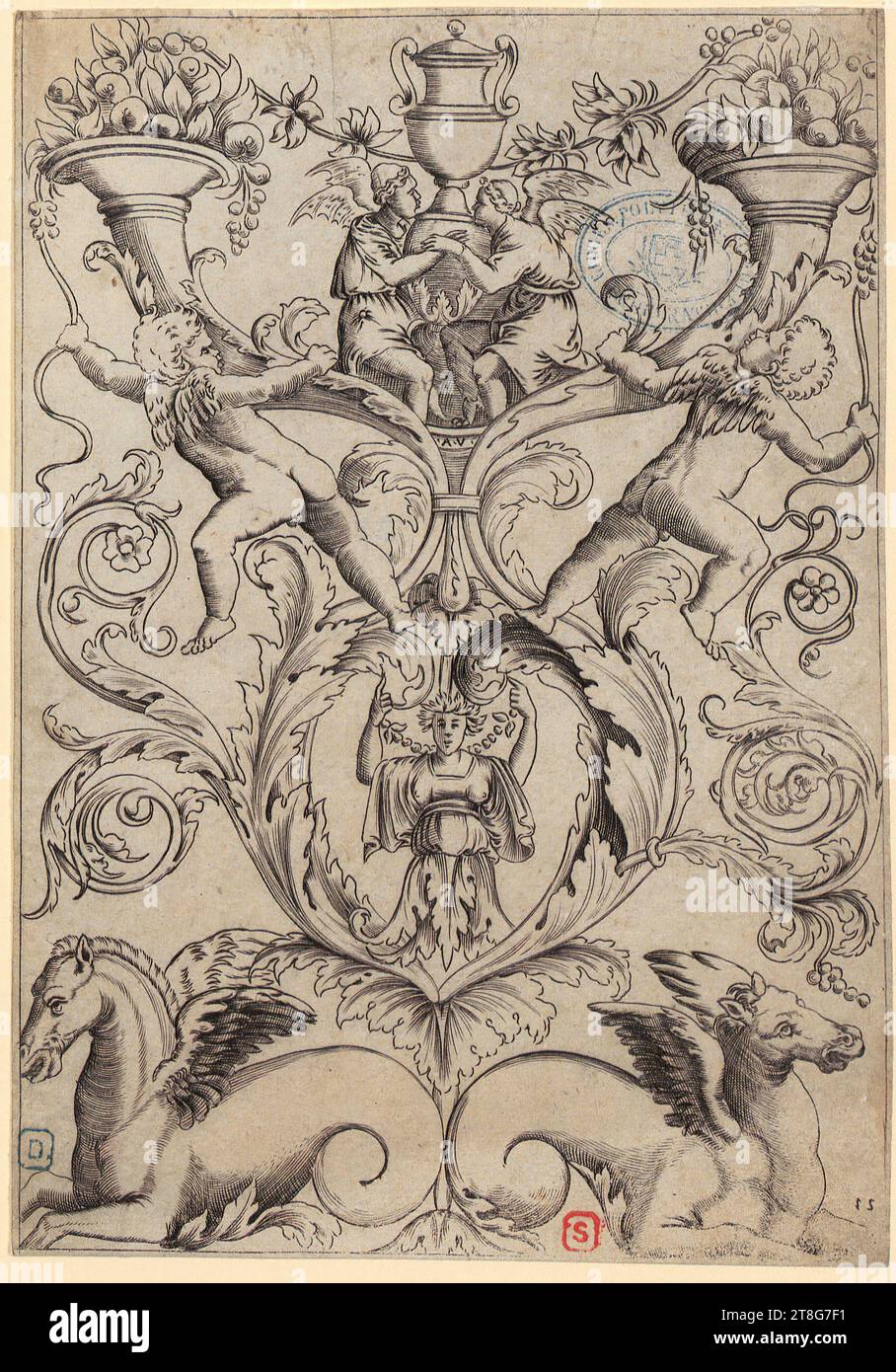 Anonyme (date inconnue), graveur Agostino dei Musi (gén. Agostino Veneziano) (1490 UM - après 1536), copie d'après Michel-Ange (1475 - 1564), d'après Antonio Salamanca (1500 UM - 1562), éditeur, Un guerrier attache son pantalon à sa poitrine, Agostino dei Musi (gén. Agostino Veneziano) (1490 UM - après 1536)Raphaël (1483 - 1520), d'après Giovanni da Udine (1487 - 1561), d'après, gravure ornementale avec deux chevaux ailés et deux cornucopies, feuille 15 de la série 'vingt gravures ornementales', origine du support d'impression : 1530 - 1535, gravure sur cuivre, taille de la feuille : 20. 2 x 14,1 cm Banque D'Images