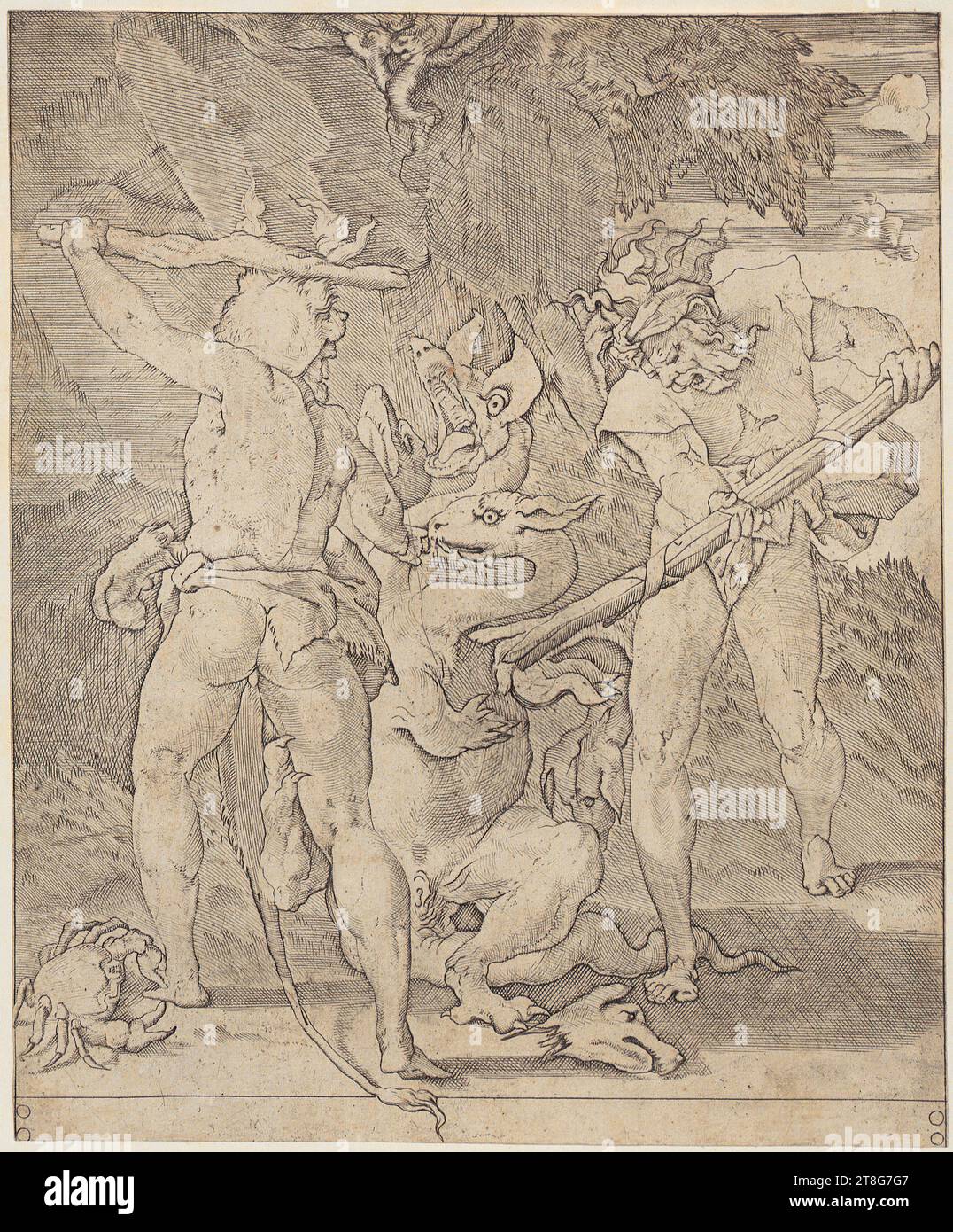 Giovanni Giacomo Caraglio (1505 UM - 1565)Rosso Fiorentino (1494 - 1540), après, Hercule tue l'Hydre de Lerna, feuille 3 de la série 'les travaux d'Hercules', origine de l'impression : 1520 - 1539, gravure sur cuivre, taille de la feuille : 21,6 x 17,9 cm Banque D'Images