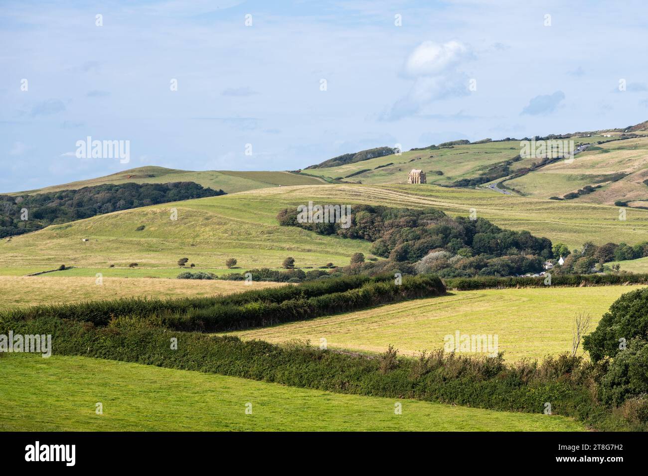 La chapelle Sainte-Catherine se dresse sur une colline à Abbotsbury, avec les Dorset Downs se levant derrière. Banque D'Images