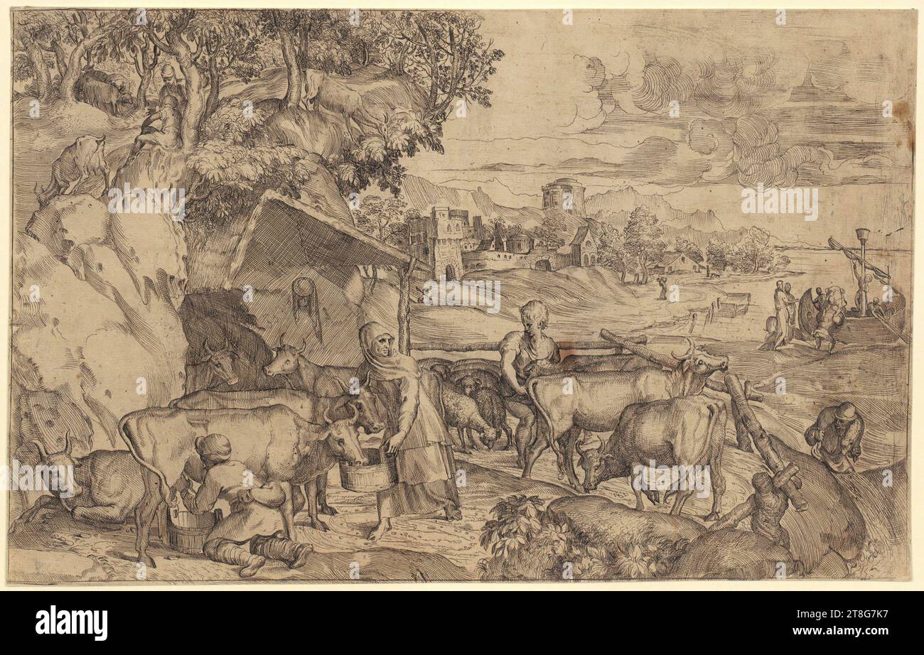 Battista Angolo (gen. Del Moro) (1514 UM - 1573), artiste Titien (1485, 1490 UM - 1576), après, Paysage avec troupeau de bovins, origine du support d'impression : c. 1550 - 1573, gravure, dupliqué, taille de la feuille : 27,3 x 42,6 cm (rogné dans la marge de la plaque Banque D'Images