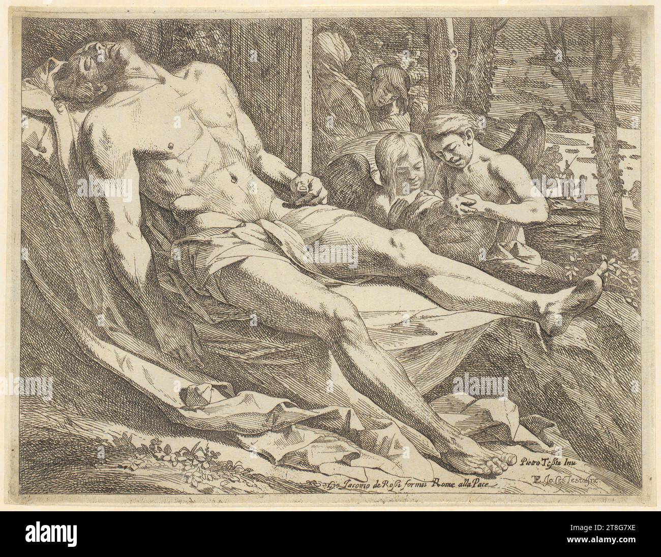 Giovanni Cesare Testa (1630 - 1655)Pietro Testa (1612 - 1650), d'après Giovanni Giacomo de Rossi (1627 - 1691), éditeur, Christ pleuré par les anges, origine de l'impression : c. 1650 - 1655, gravure, taille de la feuille : 19,8 x 26,0 cm, inscrit en bas à droite 'Pietro Teßta Inu' ; signé ci-dessous 'PTL. JO : ces : Testa Jnc:' ; Below Mitt Banque D'Images
