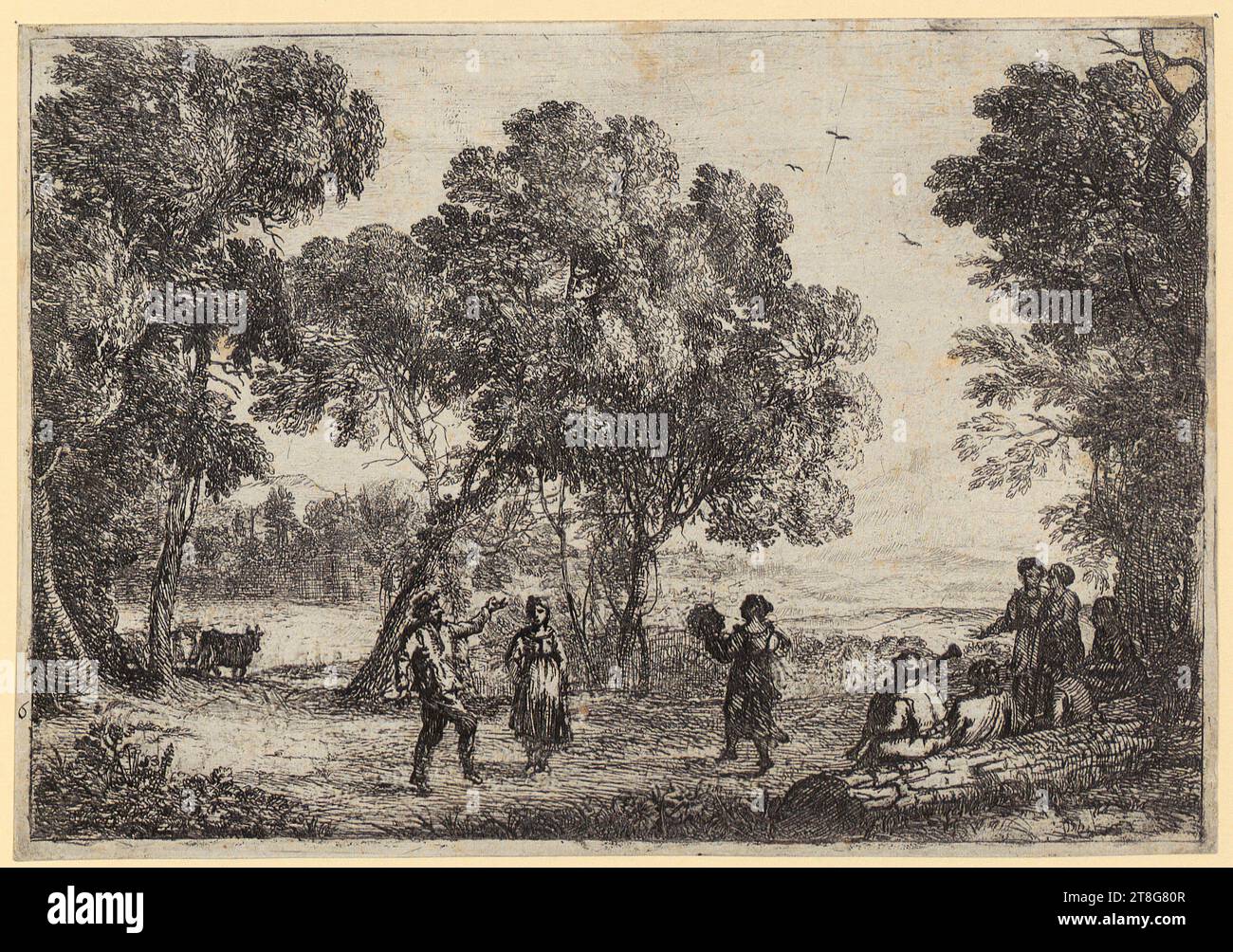 Claude Lorrain (1604, 1605 - 1682), danse sous les arbres petite assiette, support d'impression : circa 1637, gravure, taille de la feuille : 13,8 x 19,9 cm, recto numéroté '6' en bas à gauche ; note du marchand verso avec graphite '5362, rxf' en bas à gauche Banque D'Images