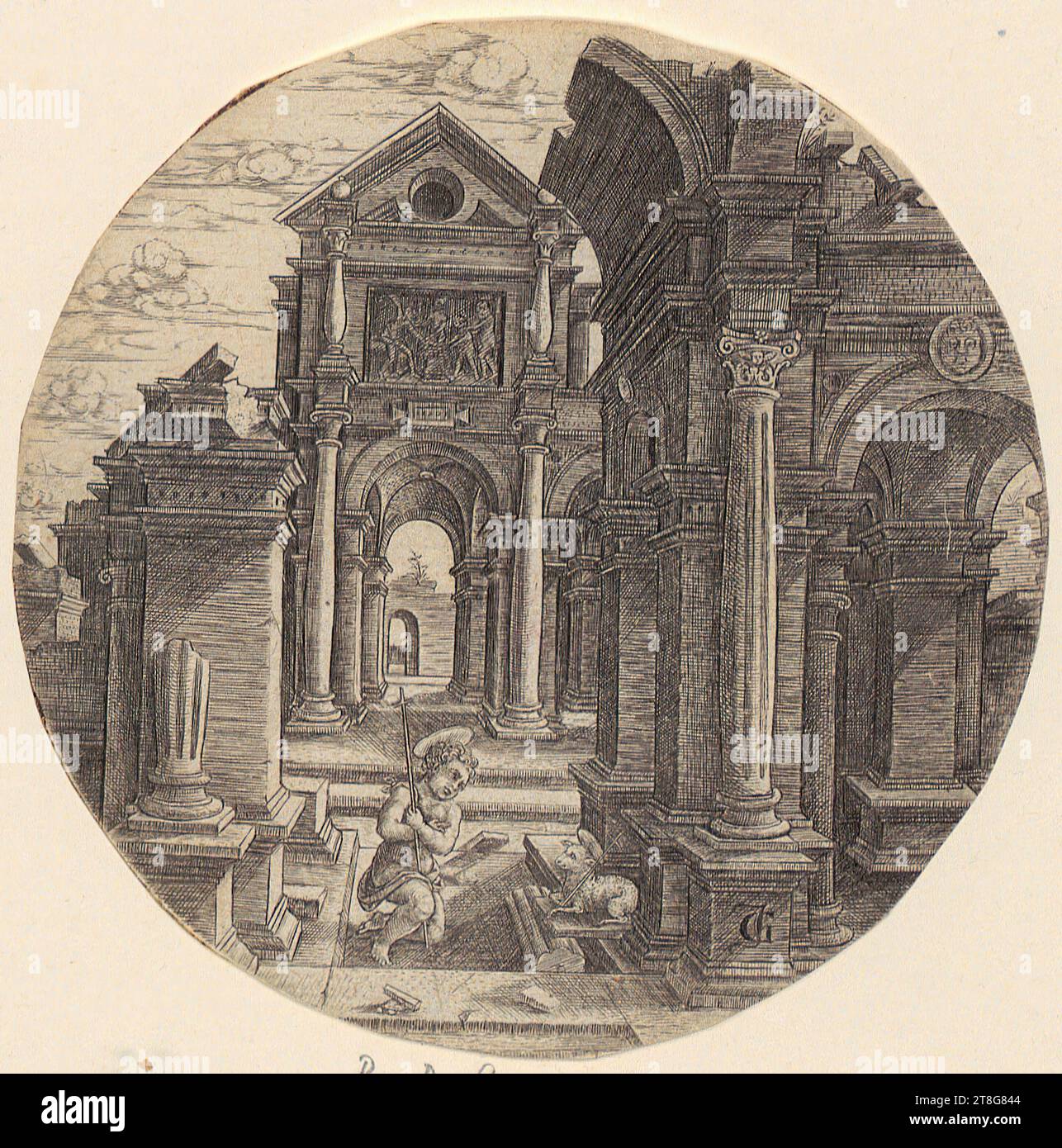 Monogramist JG (1522 mentionné à)Jean de Gourmont I 3 (1483 - 1522, 1523), ancienne attribution, rue Little Boy Jean à l'agneau, date d'origine de l'impression : c. 1520, gravure sur cuivre, diamètre : 11,4 cm, monogramme 'JG' en bas à droite sur le pied de la colonne Banque D'Images