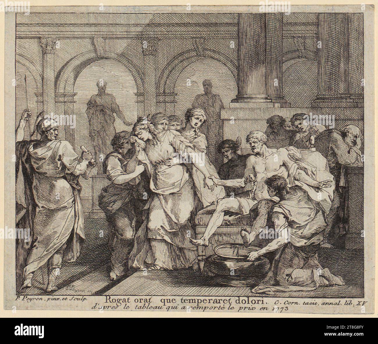 Simon Henri Thomassin (1687 - 1741), artiste Pierre Mignard Ier (1612 - 1695), d'après Gaspard Duchange (1662 - 1757), éditeur, Bernard Picart (1673 - 1733), éditeur, artiste, Apollon et Minerve, Jean François Pierre Peyron (1744 - 1814), mort de Sénèque, origine de l'estampe : c. 1773, gravure, taille de la feuille: 12,4 x 15,1 cm, signée et inscrite en bas de gauche à droite 'P. Peyron, pinx. et sculp. Rogat orat que tempe Banque D'Images