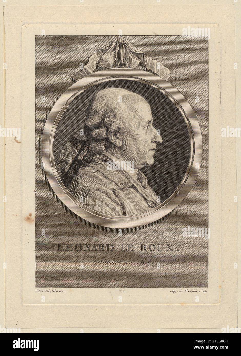 Augustin de Saint-Aubin (1736 - 1807)Charles-Nicolas Cochin (le Jeune) (1715 - 1790), d'après, portrait de Léonard le Roux, feuillet 18 pour la Collection de Cochin, origine du support d'impression : 1782, gravure et gravure, dimensions du feuillet : 22,9 x 16,4 cm. 19,9 x 14,0 cm, inscrit sous le médaillon 'LEONARD LE ROUX., architecte du Roi.' ; inscrit en bas à gauche 'C. N Banque D'Images Augustin de Saint-Aubin (1736 - 1807)Charles-Nicolas Cochin (le Jeune) (1715 - 1790), d'après, portrait de Léonard le Roux, feuillet 18 pour la Collection de Cochin, origine du support d'impression : 1782, gravure et gravure, dimensions du feuillet : 22,9 x 16,4 cm. 19,9 x 14,0 cm, inscrit sous le médaillon 'LEONARD LE ROUX., architecte du Roi.' ; inscrit en bas à gauche 'C. N Banque D'Images
