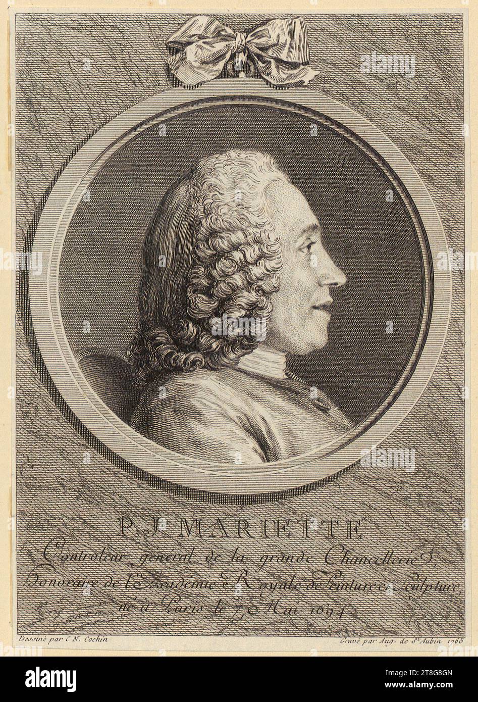 Augustin de Saint-Aubin (1736 - 1807)Charles-Nicolas Cochin (le Jeune) (1715 - 1790), d'après, portrait de Pierre-Jean Mariette, feuille 20 pour la Collection de Cochin, origine du support d'impression : 1765, gravure et gravure, taille de la feuille: 17,5 x 12,5 cm (rogné dans la marge de la plaque) » inscrit sous le médaillon 'P. J. MARIETTE, contrôle général de la grande Chancellerie, Hon Banque D'Images Augustin de Saint-Aubin (1736 - 1807)Charles-Nicolas Cochin (le Jeune) (1715 - 1790), d'après, portrait de Pierre-Jean Mariette, feuille 20 pour la Collection de Cochin, origine du support d'impression : 1765, gravure et gravure, taille de la feuille: 17,5 x 12,5 cm (rogné dans la marge de la plaque) » inscrit sous le médaillon 'P. J. MARIETTE, contrôle général de la grande Chancellerie, Hon Banque D'Images