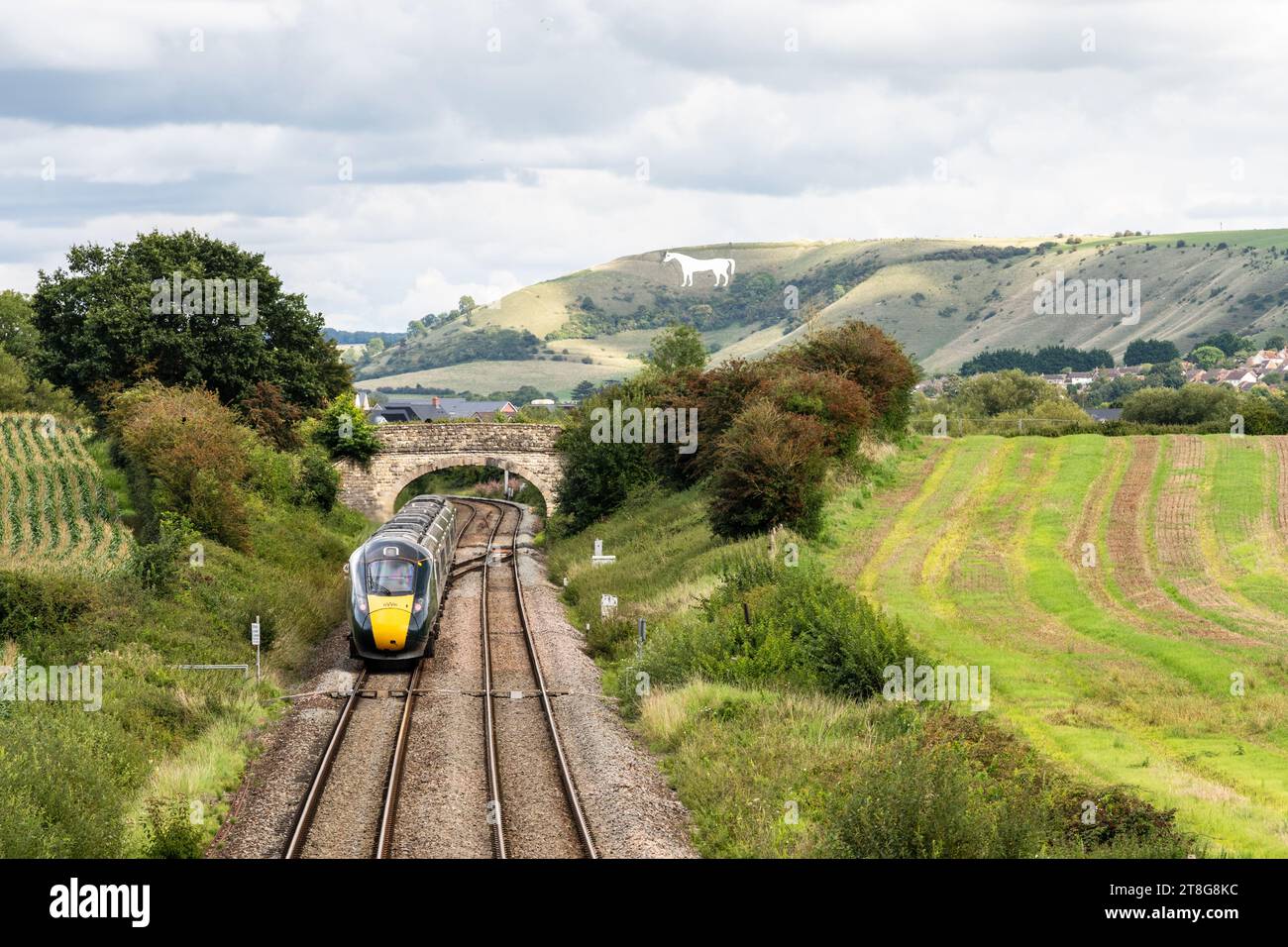 Un train Great Western Railway Intercity Express passe devant Westbury White Horse sur le bord de la plaine de Salisbury dans le Wiltshire. Banque D'Images