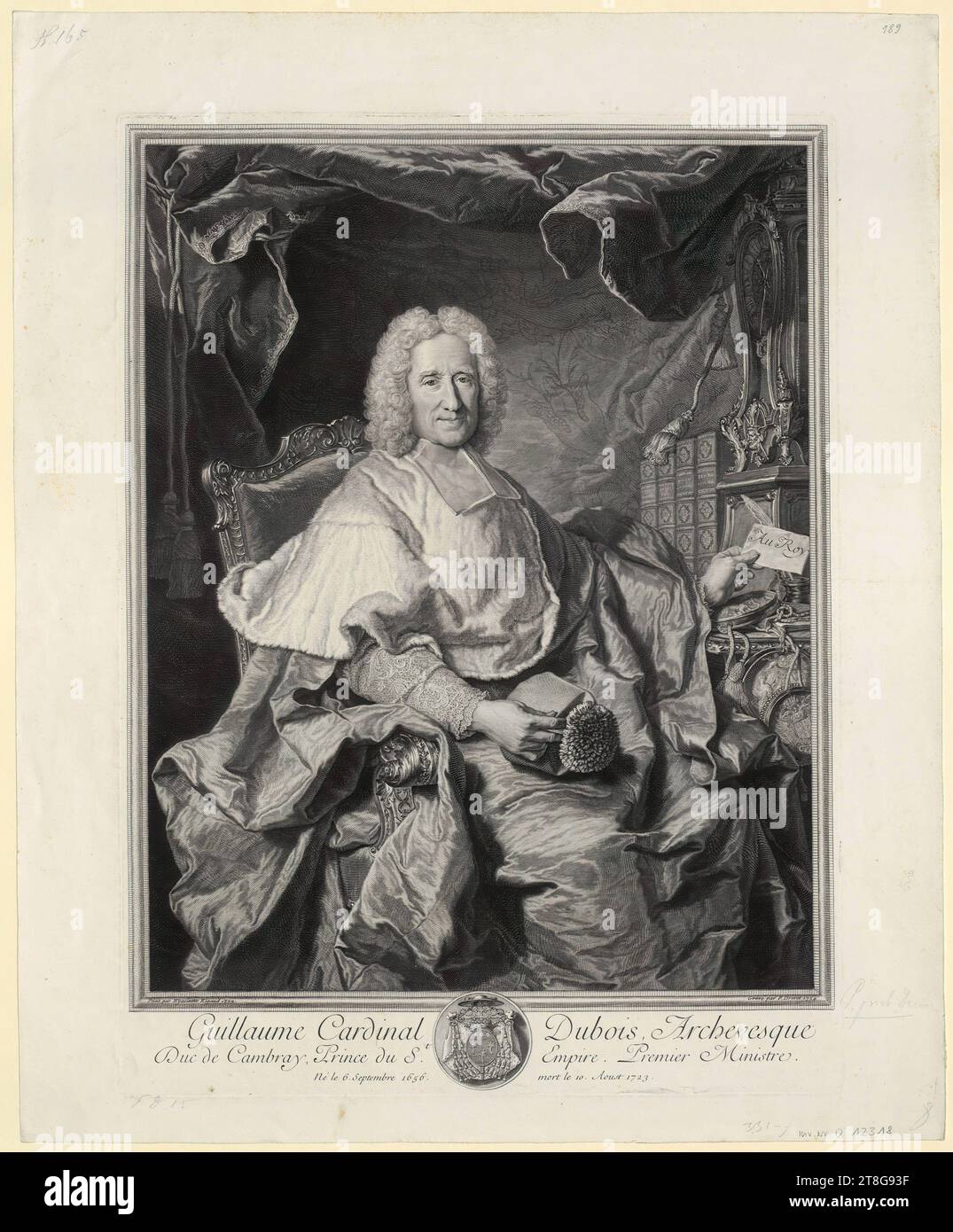 Pierre-Imbert Drevet (1697 - 1739), exécution Hyacinthe Rigaud (1659 - 1743), d'après, Portrait du cardinal Guillaume Dubois, création du support d'impression : 1724, gravure et gravure sur cuivre, taille de la feuille : 55,9 x 45,8 cm marge de la plaque : 48,6 x 35,9 cm, inscription 'au Roy' sur la petite carte à droite; inscription 'peint par Hyacinthe Rigaud' en bas à gauche Banque D'Images