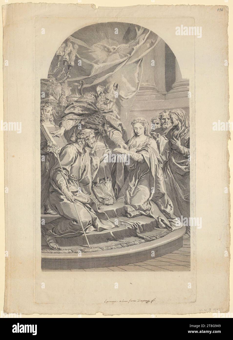 Charles Dupuis (1685 - 1742), artiste Carle Van Loo (1705 - 1765), d'après, mariage de la Vierge, imprimé support origines : vers 1720 - 1742, gravure, taille de la feuille : 57,3 x 41,9 cm Platemark : 53,0 x 30,1 cm, recto inscrit à la plume et brun centre inférieur 'Epreuve a leau forte Dupuis f Banque D'Images