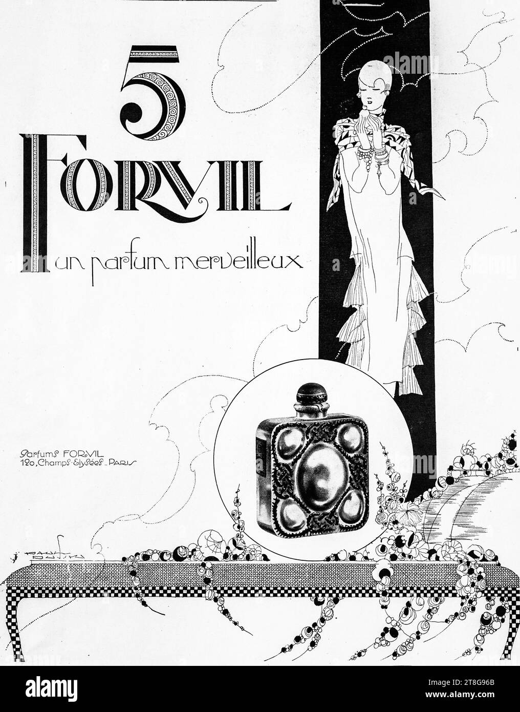 Publicité de parfum 1926 pour les 5 fleurs de Forvil, avec dame art déco et bouteille. Banque D'Images