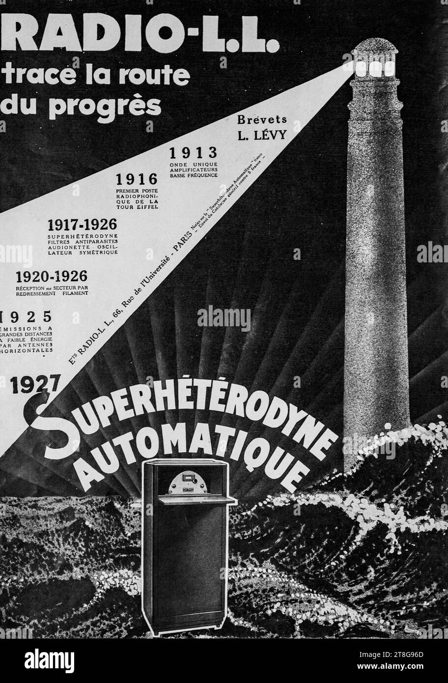 Affiche publicitaire radio vintage des années 1920 présentant des jalons historiques réalisés en France par les progrès de la technologie radio. Banque D'Images