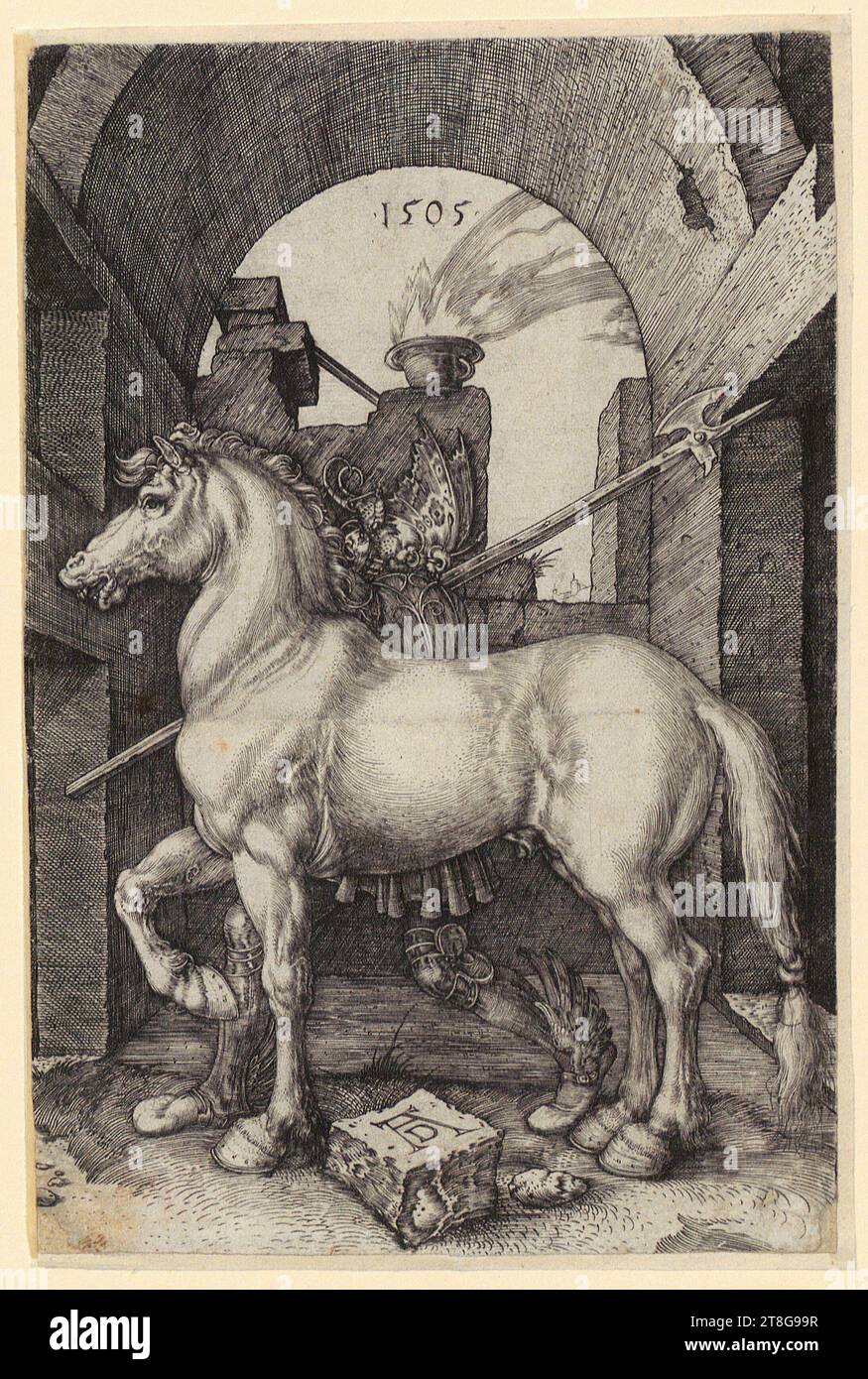 Albrecht Dürer (1471 - 1528), artiste, petit Cheval, support d'impression : 1505, gravure sur cuivre, taille de la feuille : 16,4 x 10,9 cm (avec marge ajoutée)taille de la feuille : 16,0 x 10,6 cm (champ 'sans ajout' daté '1505' en haut au centre et monogrammé 'AD' en bas au centre sur la pierre, verso inscrit '4609' en haut au centre en plume et marron ; noir Banque D'Images