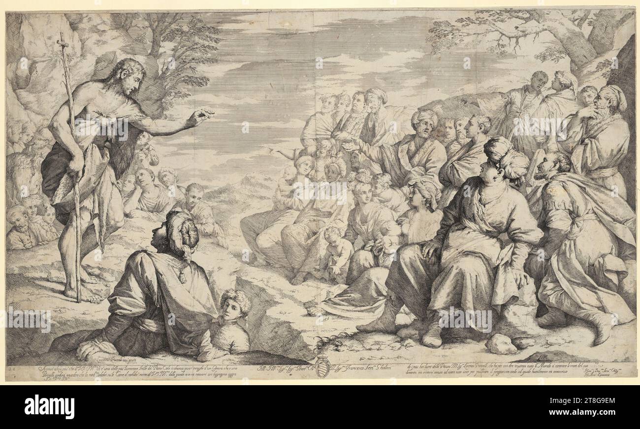 Giovanni Antonio Lorenzini (1665 - 1740), artiste Lorenzo Pasinelli (1629 - 1700), d'après, Sermon de Jean-Baptiste dans le désert, création du support d'impression : 1690 - 1710 c. 1700, gravure sur cuivre, dimensions de la feuille : 46,9 x 79,8 cm (avec marge appliquée)' inscrit en bas à gauche 'Laurentius Pasinelli inu.r pincsit'; inscrit en bas à gauche et à droite 'Aniu Banque D'Images