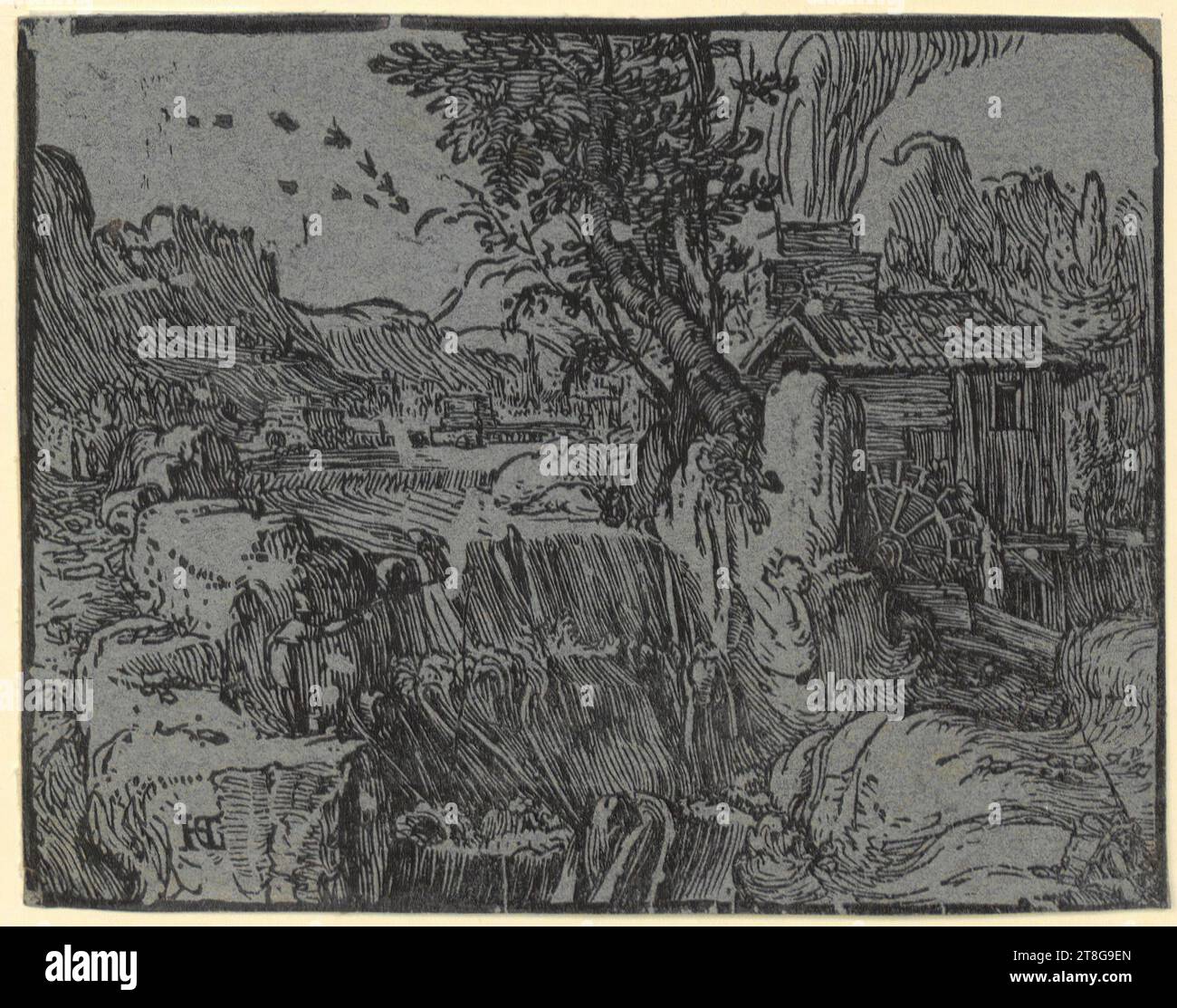 Hendrick Goltzius (1558 - 1617), Paysage avec cascade et moulin, feuille 1 de la série 'quatre petits paysages', origine de l'impression : 1597 - 1600, chiaroscuro découpé à partir d'une plaque de ligne sur papier bleuté, taille de la feuille : 11,3 x 14,5 cm, monogrammé 'HG' en bas à gauche Banque D'Images