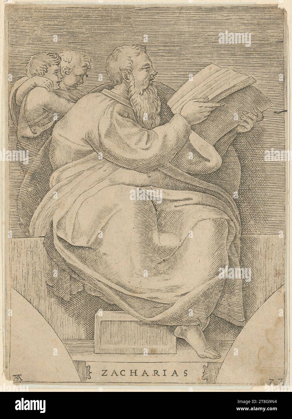 Adamo Scultori (1530 - 1585), artiste Michelangelo (1475 - 1564), d'après, Zacharias, feuille 27 de la série 'série de figures d'après Michelangelo', origine du support d'impression : 1547 - 1585, plaque en cuivre sur papier vergé, format de feuille : 13,8 x 10,5 cm, en bas à gauche monogrammé 'As' ligaturé ; en bas au centre inscrit 'ZACHARIAS'; en bas à droite numéroté '15 Banque D'Images