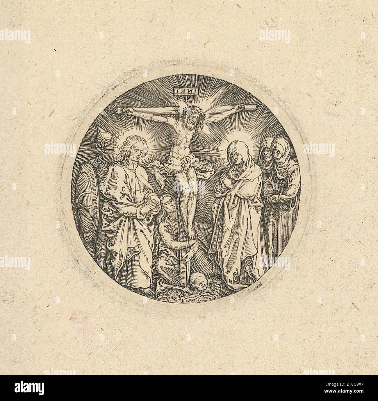 Anonyme (date inconnue), graveur Albrecht Dürer (1471 - 1528), copie d'après, petit bouton d'épée crucifixion de l'empereur Maximilien, origine du support d'impression : circa 1600 - circa 1700 17, gravure sur cuivre sur papier vergé, taille de la feuille : 6,0 x 6,2 cm diamètre: 3,9 cm (platemark)' inscrit en haut au centre sur la croix 'i ? ? I. Banque D'Images