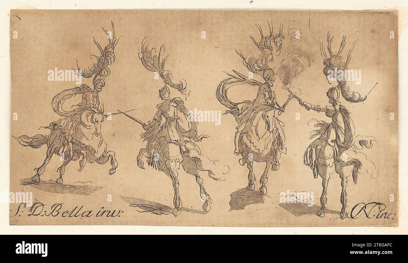 Nicolas Cochin (1610 avant - 1686), exécution, présumé Stefano della Bella (1610 - 1664), modèle, présumé, deux couples de chevaliers de combat, origine du support d'impression : 1634 - 1666 seconde, gravure sur papier vergé, lavage, taille de la feuille: 4,4 x 7,9 cm (rogné dans la marge de la plaque)' inscrit en bas à gauche S. D. Bella invenit:' ; inscrit en bas à droite 'CN? Incidit:' CN ligie Banque D'Images