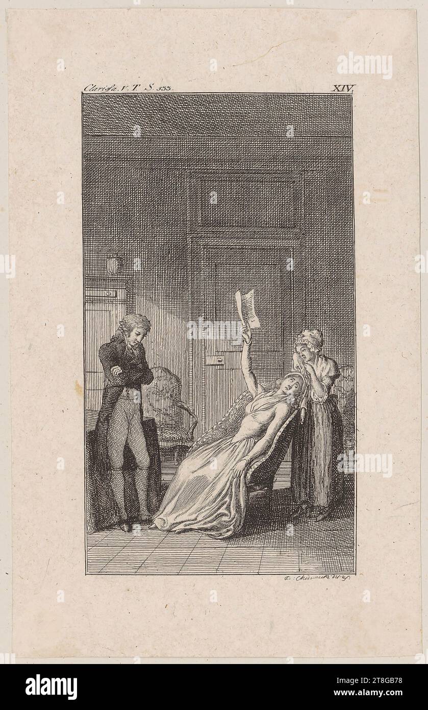 Daniel Nikolaus Chodowiecki (1726 - 1801), artiste, Clarisse entre folie et prudence avec le faux certificat de mariage de Lovelace à la main affaissé sur la chaise, origine de l'impression : 1796, gravure sur papier vergé, taille de la feuille : 16,1 x 10,2 cm (découpé dans la marge de la plaque)' inscrit et numéroté en haut à gauche 'Clarissa. V. T. S. 533.» ; NUMÉROTÉ 'XIV.' en haut à droite ; ci-dessous Banque D'Images