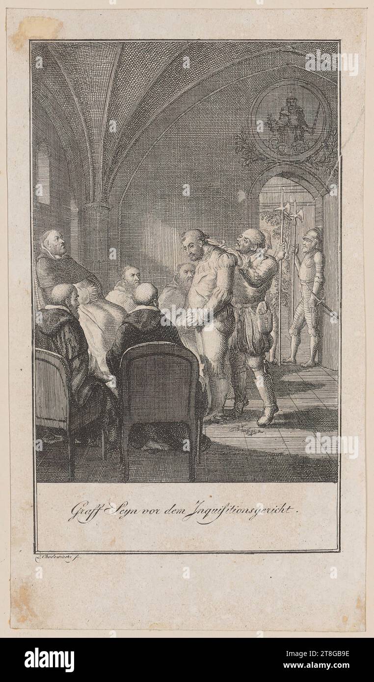 Daniel Nikolaus Chodowiecki (1726 - 1801), artiste, comte Sayn devant la Cour d'Inquisition, création de support d'impression : 1797, 1798, gravure sur papier éponge (papier vélin), dimensions de la feuille : 19,2 x 11,1 cm (rogné dans la plate-forme) » inscrit ci-dessous 'Graff Seyn vor dem Inquisitionsgericht.' ; signé en bas à gauche 'D. Chodowiecki fe Banque D'Images