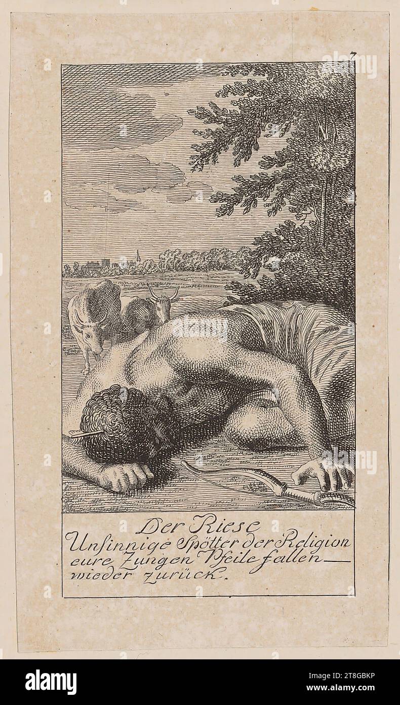 Christian Gottlieb Geyser (1742 - 1803), artiste Daniel Nikolaus Chodowiecki (1726 - 1801), copie d'après, Riese, origine de l'impression : 1779, gravure sur papier vergé, format de la feuille : 10,9 x 6,3 cm (découpé dans la marge de la plaque)' Champ3 numéroté '7' en haut à droite; inscrit en bas 'Der Riese, Unsinnige Spötter der religion, eure Zung Banque D'Images
