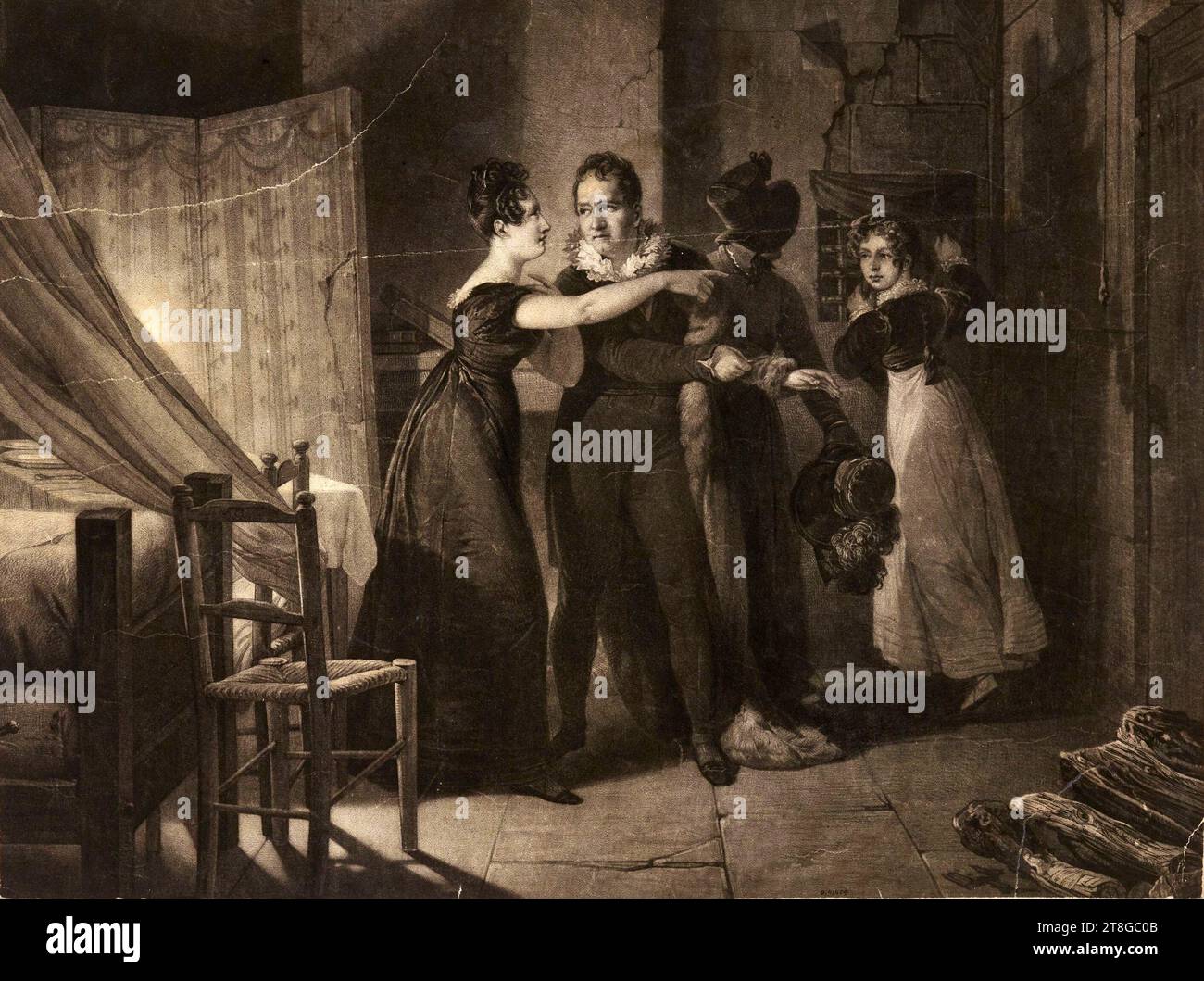 La fuite de Lavalette, échangeant ses vêtements avec ceux de sa femme, graveur, Print, Art graphique, Print, Mezzotint, gravure, Dimensions - travail : hauteur : 37,5 cm, largeur : 49,2 cm, Dimensions - montage:, hauteur : 50cm, largeur : 65.4cm Banque D'Images