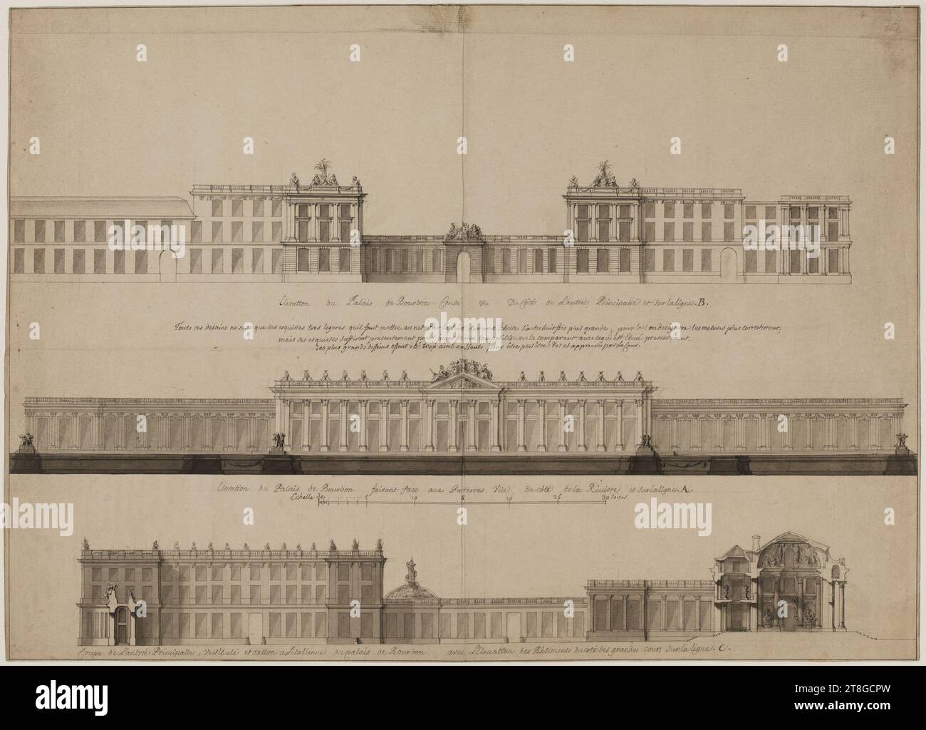 Projet de reconstruction du Palais de Bourbon, concours de 1764 ; élévation du Palais de Bourbon Condé du côté de l'entrée principale et du côté de la rivière ; section de l'entrée principale, vestibule et salon italien, dessinateur, dessin, dessin, Dimensions - travail : hauteur: 39,4 cm, largeur : 55,6 cm Banque D'Images