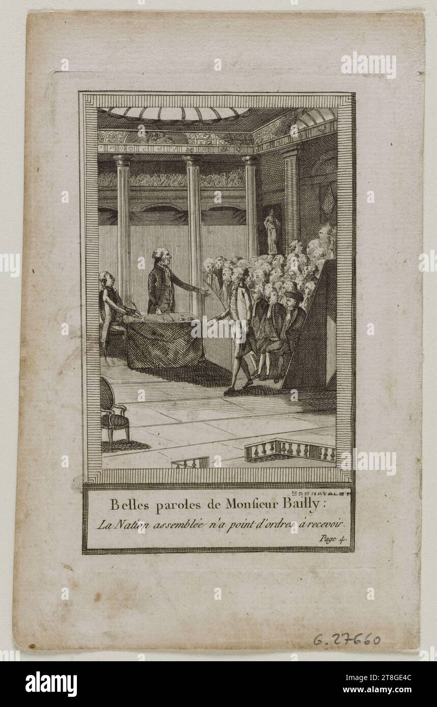 Révolution française : séance royale dans la salle des menus-Plaisirs, 22 avenue de Paris, aujourd’hui Centre de musique Baroque, Versailles, 23 juin 1789, graveur, entre 1784-1794, impression, Arts graphiques, Révolution française, impression, dimensions - travail : hauteur : 19 cm, largeur : 11,8 cm, Dimensions - ligne carrée:, hauteur : 15 cm, largeur : 10,3 cm Banque D'Images