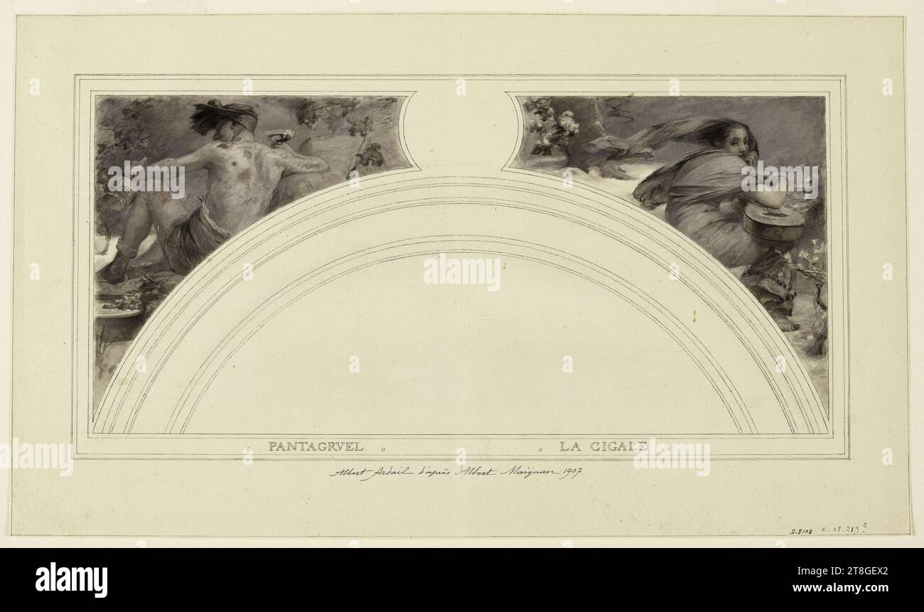 Pantagruel, la cigale (d'après A. Maignan), Ardail, Albert Achille, dessinateur, Maignan, Albert, auteur du modèle, en 1907, 20e siècle, dessin, Arts graphiques, dessin, lavage, Gouache, encre noire, papier Vellum, dimensions - travail : hauteur : 25,3 cm, largeur : 43,1 cm Banque D'Images
