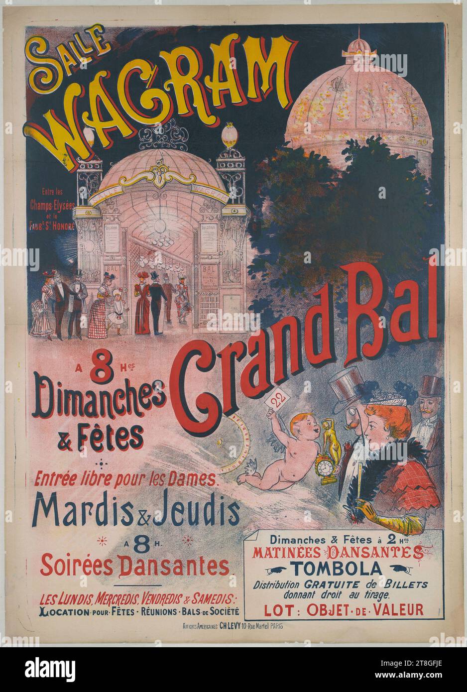 CHAMBRE, WAGRAM, entre les champs. Elysées, et le, FAUBg St HONORE, Grand Bal, Designer, Lévy, Charles, Imprimeur, Array, Arts graphiques, estampes, Affiches, lithographies, Dimensions - oeuvre : hauteur : 125 cm, largeur : 90,1 cm, Dimensions - montage :, hauteur : 127,6 cm, largeur : 92,3 cm Banque D'Images