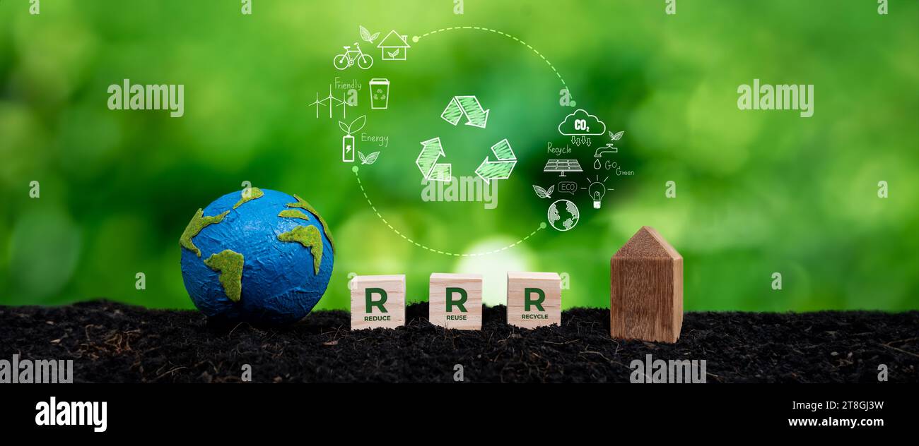 Éco-responsable engagement de la société d'affaires vertes à recycler RRR réduire les pratiques de réutilisation pour la durabilité environnementale avec propre et durable Banque D'Images