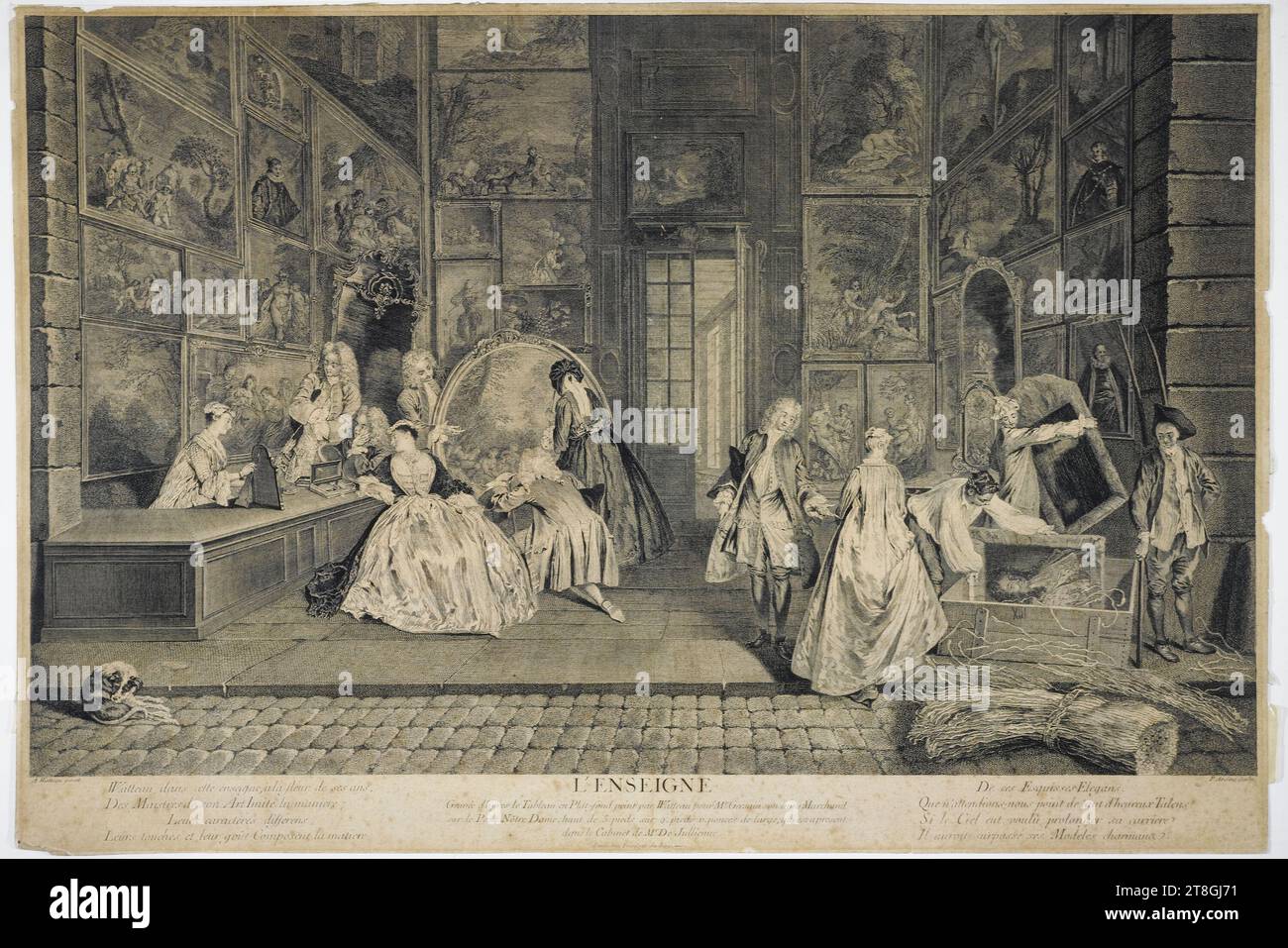 L'ENSEIGNE, Aveline, Pierre-Alexandre, graveur, Watteau, Jean-Antoine, auteur du modèle, Circa 1720, 1e quart 18e siècle av. J.-C.. PUBLICITÉ, Imprimer, Arts graphiques, Imprimer, gravure, burin, Dimensions - travail : hauteur : 57,8 cm, largeur : 85,5 cm, Dimensions - trait carré:, hauteur : 52 cm, largeur : 84 cm Banque D'Images