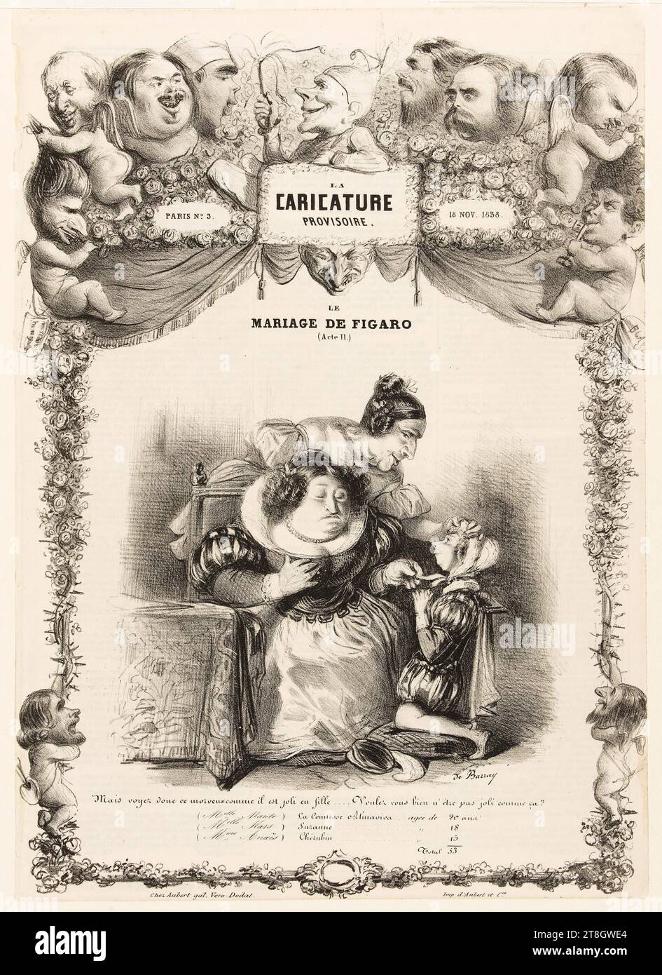 La caricature provisoire, non 3, 18 novembre 1838. Les noces de Figaro (acte II), Barray, de, dessinateur-lithographe, Aubert et Cie, imprimeur, en 1838, Maison de Balzac, Arts graphiques, périodique, lithographie, Dimensions - oeuvre : hauteur : 35,9 cm, largeur : 25,6 cm, Dimensions - image:, hauteur : 35,9 cm, largeur : 25,6 cm, dimensions - montage:, hauteur : 50 cm, largeur : 40 cm Banque D'Images