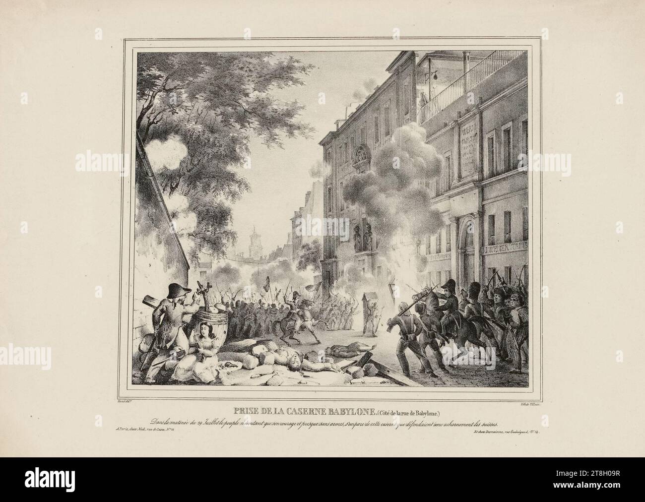 Prise de la caserne de Babylone (à côté de la rue de Babylone), méchant, Jean-François, dessinateur-lithographe, après 1830, impression, Arts graphiques, impression, Lithographie, Dimensions - travail : hauteur : 29 cm, largeur : 42,4 cm, Dimensions - tapis:, hauteur : 32.5, largeur : 49,7 Banque D'Images