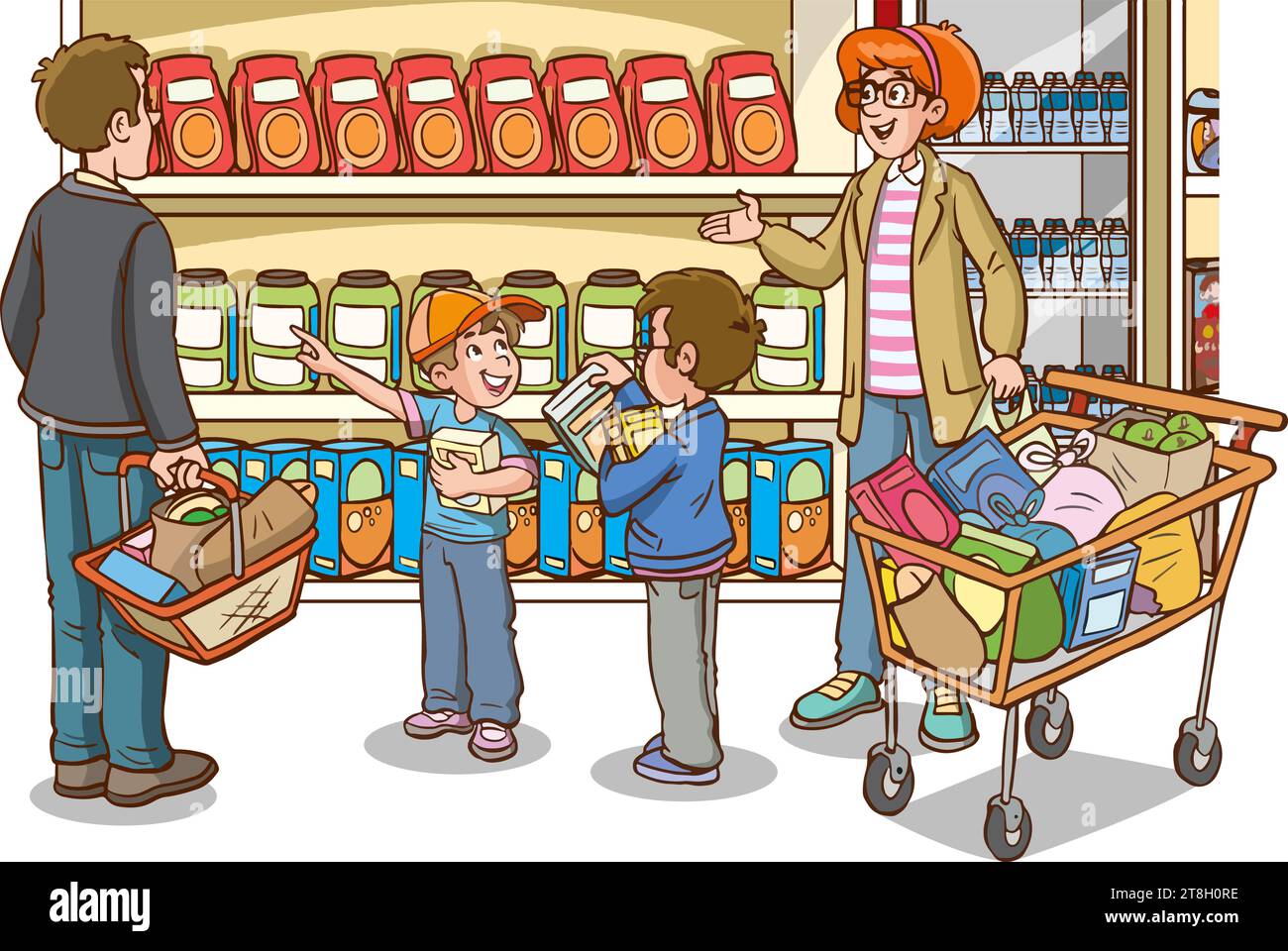 shopping enfants et illustration vectorielle de dessin animé de famille Illustration de Vecteur