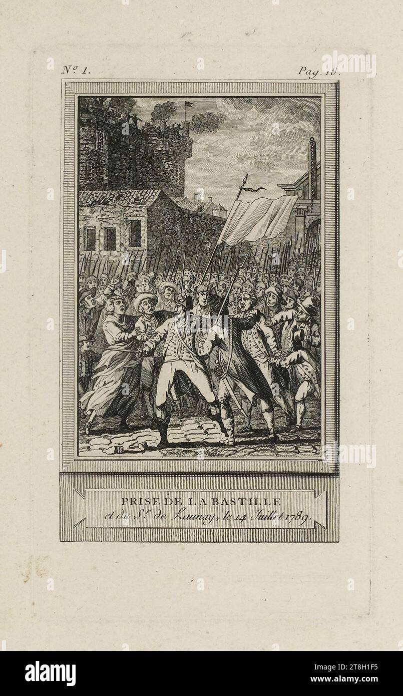 Prise de LA BASTILLE et du SR de Launay, le 14 juillet 1789, graveur, Array, Print, Arts graphiques, révolution française, impression, Dimensions - travail : hauteur : 22,3 cm, largeur : 15,5 cm, Dimensions - trait carré:, hauteur : 17,4 cm, largeur : 10,2 cm, Dimensions - montage:, hauteur : 50 cm, largeur : 32,5 cm Banque D'Images